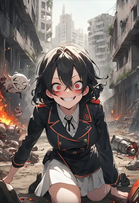 masterpiece, Best Quality, Abandoned city and fire in the background, An anime girl in uniform kneeling on the ground, White Nazi SS soldier, 4K Manga Wallpaper, Bleach, Exterminator, Bloodstained, Amazing anime 8k, gapmoe Yandere, Yandere, Albedo from the...