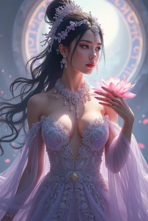 Sexy transparent platinum low-cut lace nails cleavage close-up of woman with big breasts holding lotus in hand, head gear, Violet necklace, Jade belt , Toned abs, beautiful fantasy empress, ((beautiful fantasy empress)), Beautiful celestial mage, Belle pei...