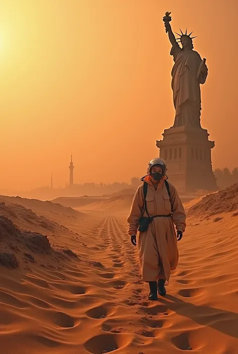 Panoramic view of sand buried New Mumbai city ruined deserted by nuclear war, desert hills, smog, beautiful sand patterns, A person wearing radiation protective clothing, red sky, heavy smog, collapsed broken Statue of Liberty buried in desert, view from h...