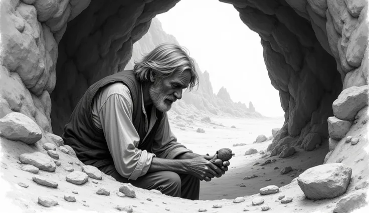 (best quality, 4k, 8k, high resolution, black and white, documentary sketch: 1.2), ultra detailed, (documentary sketch: 1.37), an elderly European man with shoulder-length gray hair, he is bent down holding an object, he is inside a cave in a desert