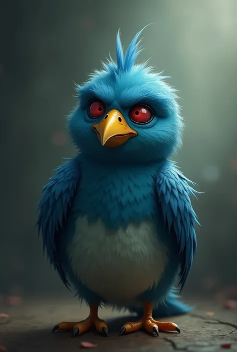 that is blue and has a yellow beak, who has sugar consumption problems, application, sad because it&#39;s an addiction, that he has red eyes because of his addiction problem and is very melancholic


 