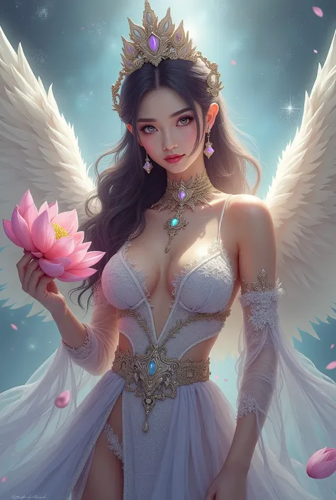 Sexy transparent platinum low-cut lace nails cleavage close-up of woman with big breasts holding lotus in hand, head gear, Violet necklace, Jade belt , Toned abs, beautiful fantasy empress, ((beautiful fantasy empress)), Beautiful celestial mage, Belle pei...