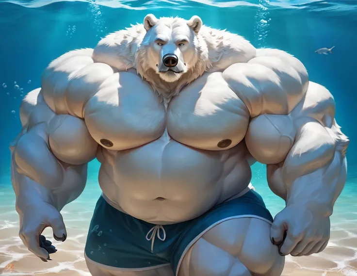 huge bulked up muscular polar bear in Californian beach underwater, big bulked up body, polar bear, huge white fur, thick arm, huge arm, added gray mustache, added gray beard over the muzzle, short white hair, weight: 310lbs, (veiny bulked up muscular, pec...