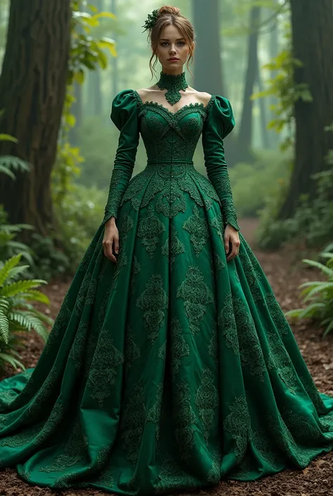 Forest green extravagant dress in Victorian Era whole body