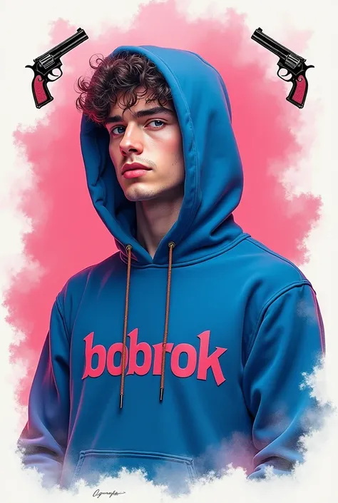 hyper realistic 3D ink art, clean faced young man, blue hoodie "BOBROK" font gothic, dynamic pose, very colorful, in square frame small light black guns and roses, pink misty white background, detailed, clean, HD, photography