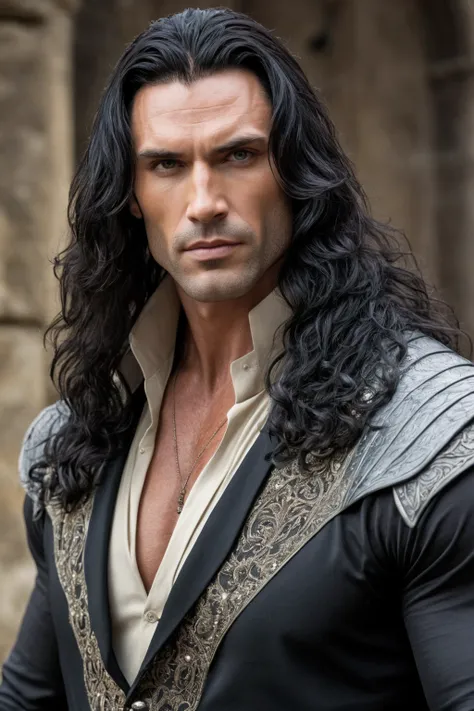 A broad, hulking man of muscle with lusciously long black locks, he boasts a powerful, defined jawline with zero stubble and manly, strong cheekbones. His eyes are a fierce color, and he wears an elegant, gorgeous medieval suit of black. He has beautiful p...