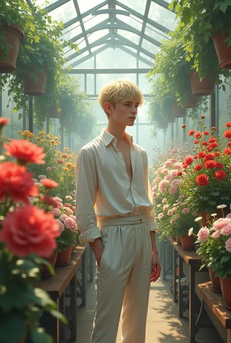 extremely delicate and beautiful, Amazing, finely detail, masterpiece, ultra-detailed, highres,best illustration, best shadow,intricate,sharp focus,  high quality, 1male, solo, blond hair. red eyes, kaveh genshin impact, glass greenhouse, flowers in pots, ...