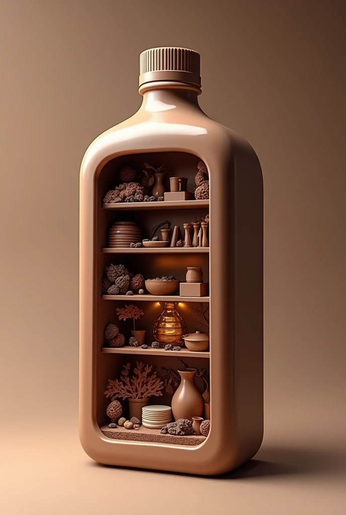 Prototype of a flat and wide bottle with a screw-top lid that has a chocolate museum inside, i.e. creamy chocolate 