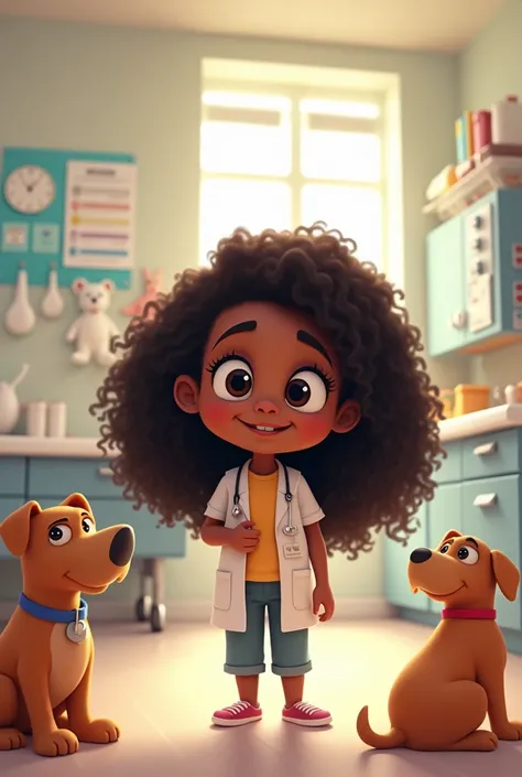 Create pixar drawing template, a 2 black girl, long curly black hair, big black eyes, black nose and small mouth, background in a veterinary clinic 