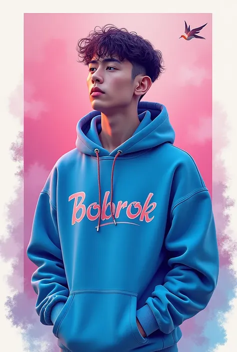 hyper realistic 3D ink art, clean faced young man, blue hoodie "BOBROK" splash font gothic, dynamic pose, very colorful, in square frame small light swallow bird, pink misty white background, detailed, clean, HD, photography