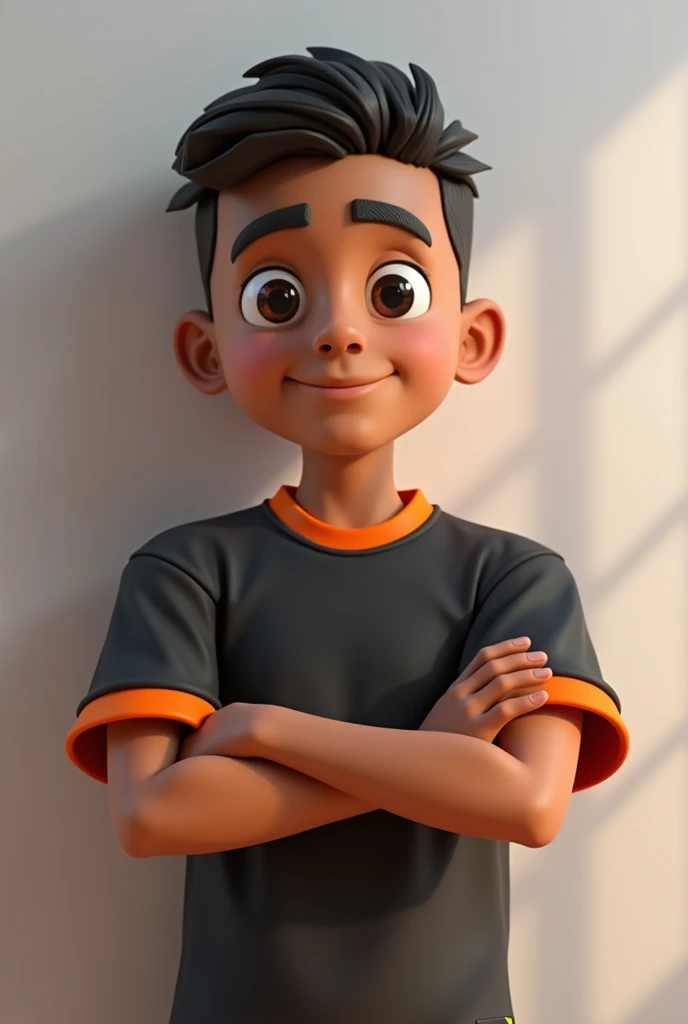 Create a stylized young adult male character with a 3D animation look, with rounded face, with short cut hair,  in black tone. He should have a friendly expression, with medium and expressive eyes in black color. A line on the right eyebrow. The skin must ...