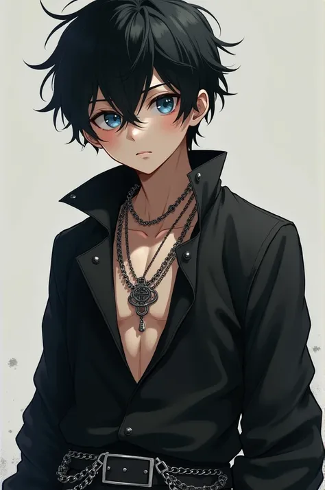 Tall boy, with short, messy black hair, with blue eyes and loose black clothing with chains and belt, make it realistic 