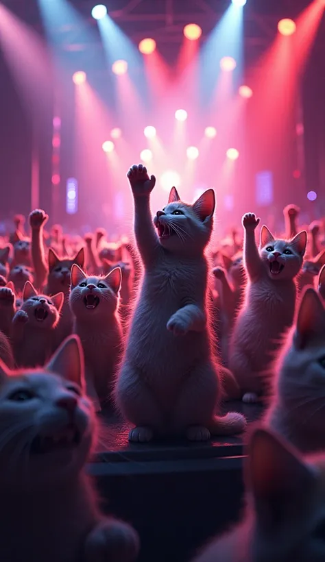 Create a vibrant and lively image of a rock cat concert, where a crowd of enthusiastic felines gather on a stage. Capture the energy of the event, showing cats meowing and screaming excitedly, with its paws raised in encouragement. Details like huge speake...