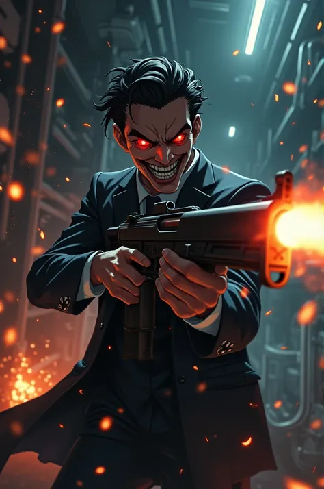 Generate an image of a guy in a suit with a machine gun in a dark setting on a ship, the man is shooting, his eyes are red and he has a sadistic smile (anime style)