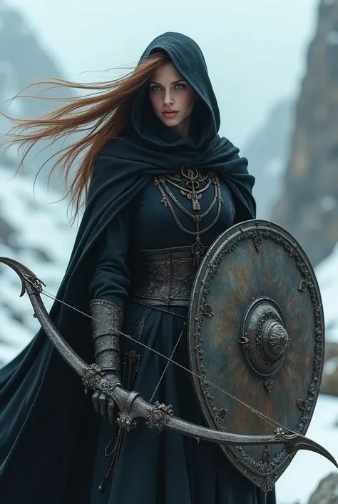 Beautiful gothic with an antique crossbow and elegant shield.  Covered only with a medieval cloak and hood. brown hair, Hair between eyes. blush, parts.  8k octane, Apocalypse. snowy mountain. wind, high resolution, masterpiece, necessary, anatomically cor...