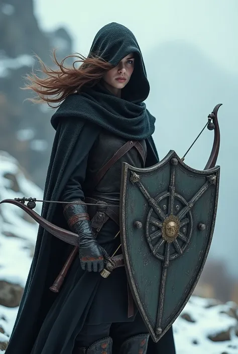 Beautiful gothic with an antique crossbow and elegant shield.  Covered only with a medieval cloak and hood. brown hair, Hair between eyes. blush, parts.  8k octane, Apocalypse. snowy mountain. wind, high resolution, masterpiece, necessary, anatomically cor...