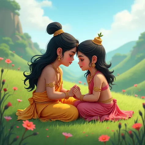 (photorealism:1.2), childhood Radha Krishna sitting on grassland, Love moment, background  beutiful view, colour Manga cartoon animation art,