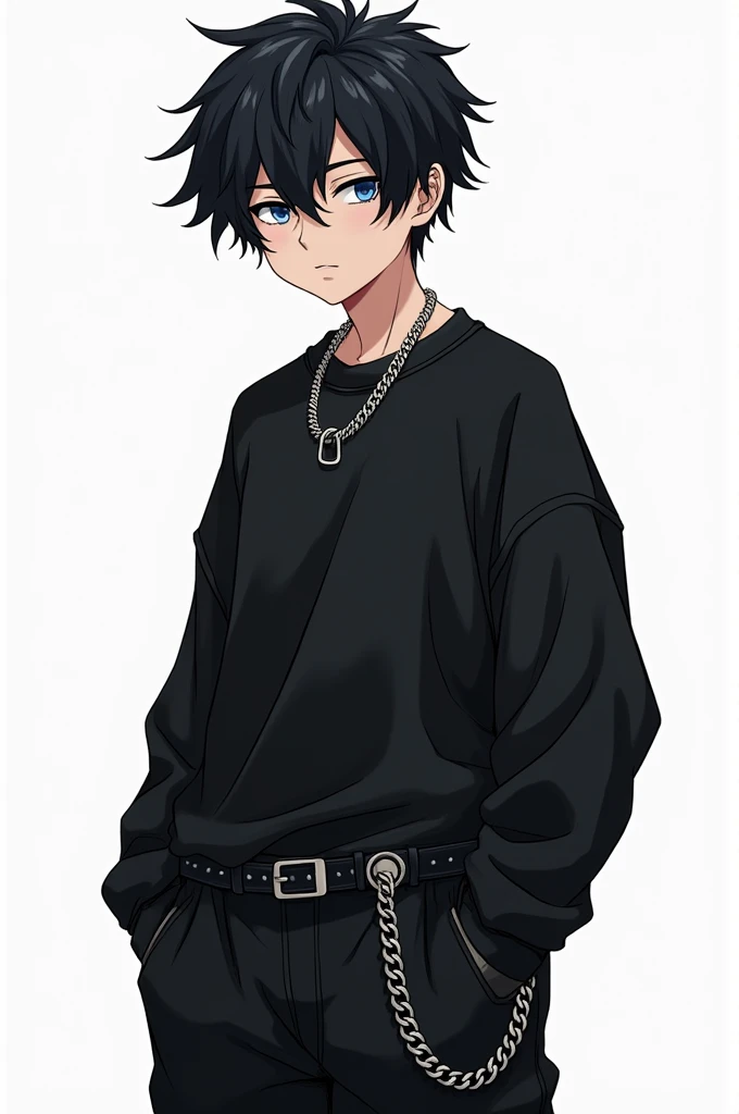 Tall boy, with short, messy black hair, with blue eyes and baggy clothes, Black with chains and belt