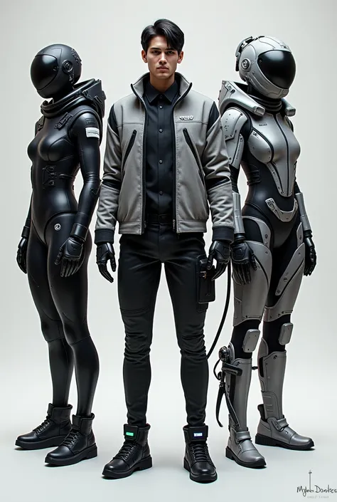 3 futuristic designs for 3 futuristic male characters. One is a pilot, another one is a DJ, and the another one is the main protagonist. Outfits contain blacks and whites and modern styling with futuristic elements