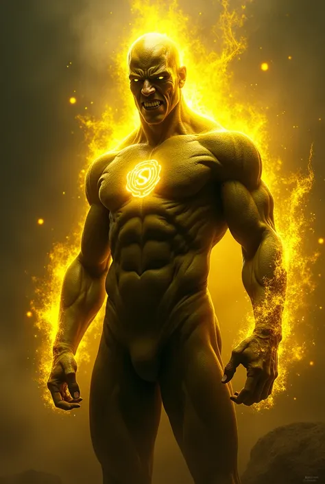 A sinister Sinestro Corps member, sinestro corps symbol in head, yellow lantern energy constructs, dramatic lighting, cinematic composition, ultra-detailed, 8k, photorealistic, hyper-realistic, intricate details, moody atmosphere, gritty textures, strong s...