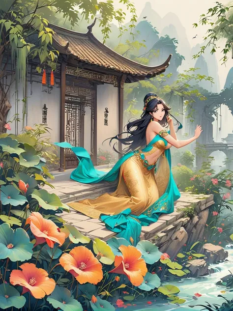 Princess Jasmine from Aladdin on a golden throne, wearing a bejeweled turquoise outfit that accentuates her curves and cleavage, with flowing dark hair, engaging eyes, set in a lush palace,tand on the wall，The back is a samurai sword，Artstation style numbe...