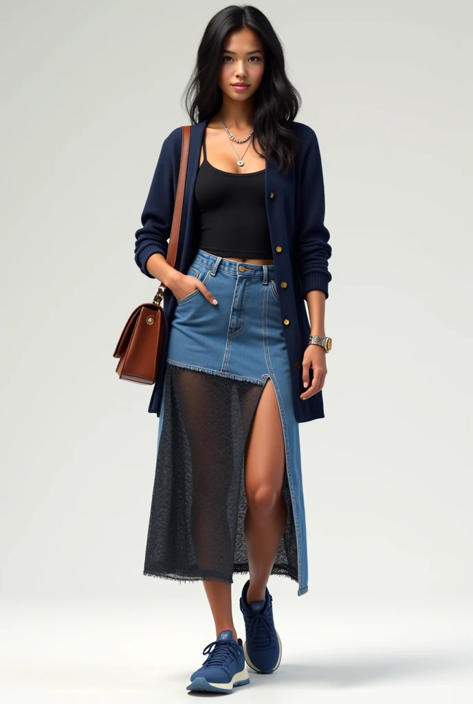 Denim skirt which has a slit now covered with black net. Black camisole and navy blue short cardigan. Brown wristwatch, brown shoulder purse. blue jogging shoe. Open straight wavy black hair. Light brown skintone. 