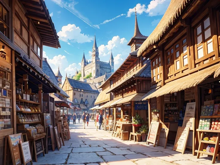 A bustling medieval marketplace in anime style, filled with lively merchants, shoppers, and street performers. The street is lined with wooden stalls selling colorful fabrics, fresh fruits, weapons, and handmade crafts. There are stone buildings with thatc...