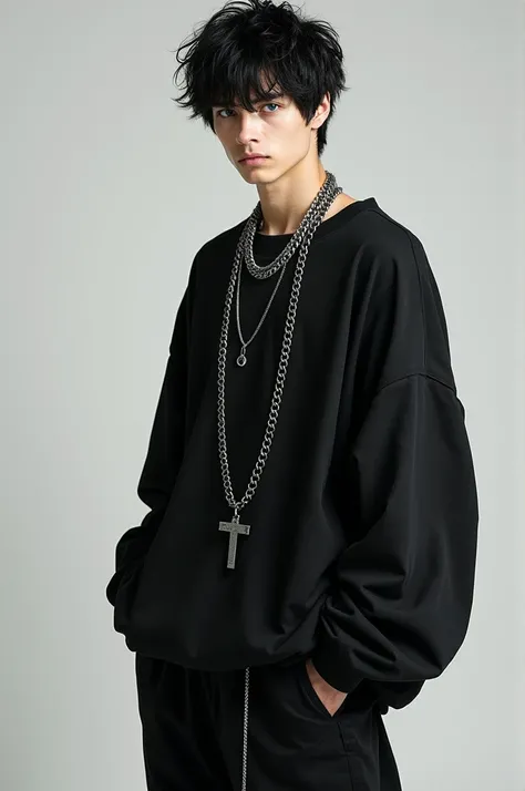 Tall man, with short, messy black hair, with blue eyes and baggy clothes, black with chains