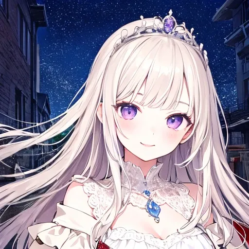 ((best quality)), ((masterpiece)), (detailed), 1girl, purple eyes, tiara, white dress, smile