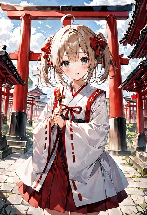 1 cute girl,
(light brown hair, medium hair, pigtails hair, ahoge, dark red bow),
(dark gray eyes, tareme),
smile,
parted lips,

looking at viewer,

(white Miko costume),
(red long Hakama skirt),

cowboy shot, solo, 

(depth of field),
noon sky, little clo...