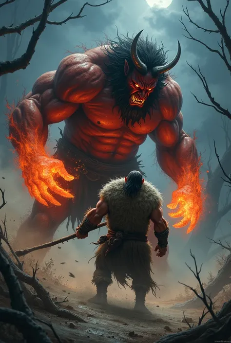 A demon appearing at night facing a muscular, pot-bellied man holding a staff, on a night where the strong wind raises dust and branches.
The devil is very muscular, hair on arms and hands on fire staring at the man.