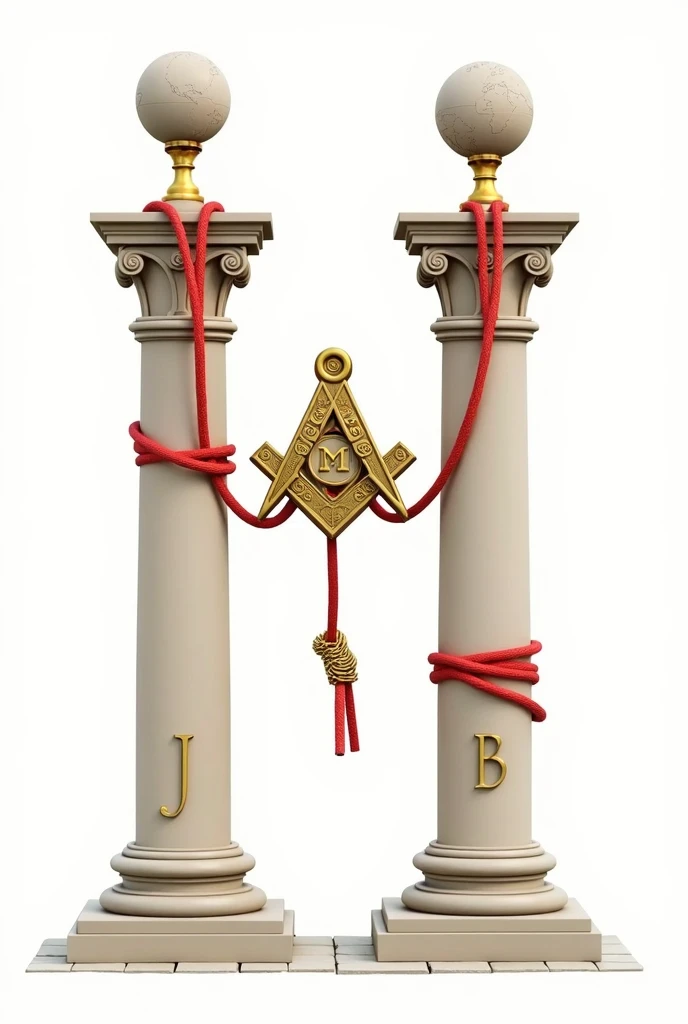 A Masonic Coat of Arms, in which there must be two columns crossed and connected by a red cord and the cord must go around the columns to the ground ending in a golden knot, the column left labeled at the base with the letter j (left) and the column right ...