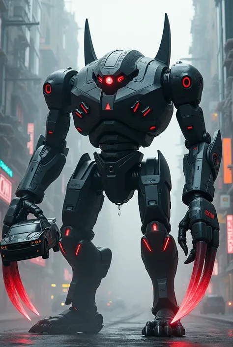 It generates the image of a black robot with red details with long tentacles and one of them holding a car, its arms extended forward, recharging a beam of energy coming out of its back at the tips of scorpion pincers with four red eyes in a futuristic cit...