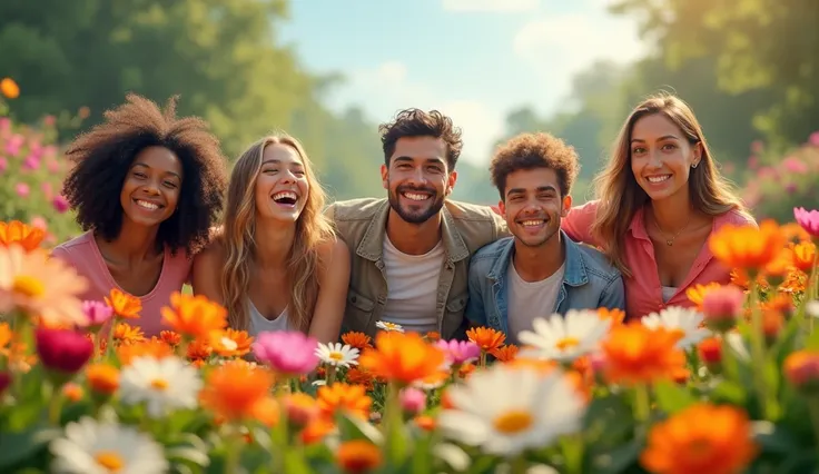 Happy people in a stunning flower garden 