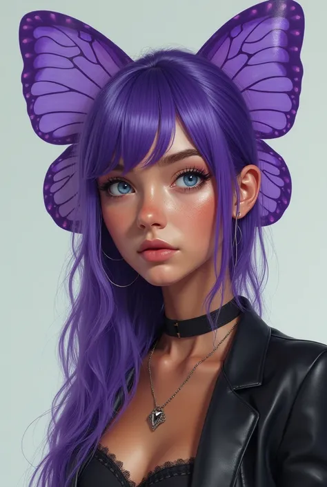 a realistic portrait of a teen girl with a long purple butterfly cut, ice eyes, deeply tanned skin, and a modern fashion style