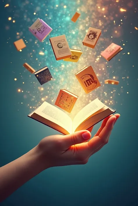 Imagine a hand in the center of the image, in a creative act, where floating books emerge from your fingers. These books seem to form out of nowhere, with vibrant colored covers depicting different educational topics: mathematics, sciences, literature and ...