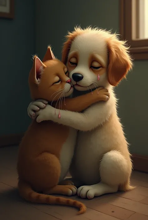 Create a dog or a cat hugging each other crying