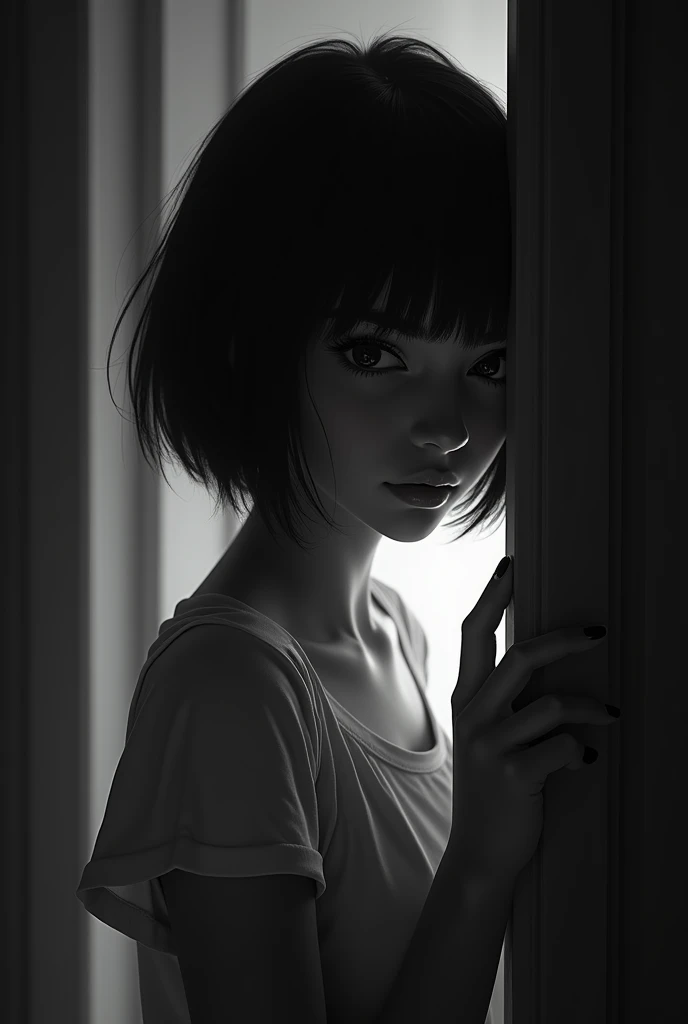 Image has not color. That is a girl, she is beautiful, short hair, black hair. She is opening door