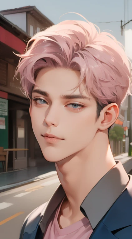 masterpiece, best quality, realistic, 1man, mature male, quiet and charming young man, 3, close his eyes, serious, closed mouth, extremely detailed face, cold, ((dark grey blue eyes)), ((short-right-swept dark grey pink hair)), [thick eyebrows], ((hunter))...