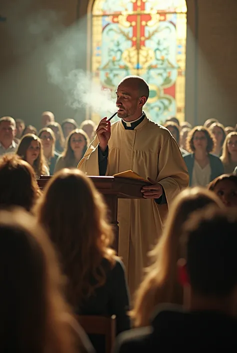 Priest smoking marijuana from his mouth on a church platform while teaching the Bible to a crowd 