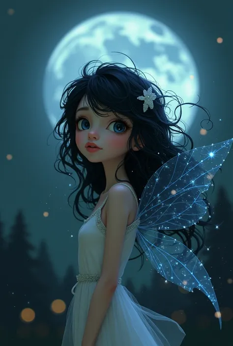 A night fairy with a blue glow of black hair. Let it be a not so animated cartoon