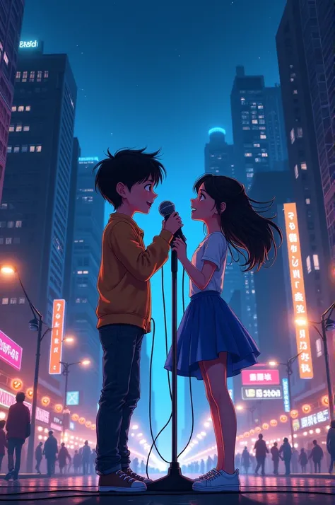 A boy and a girl in the city at night singing into a microphone 