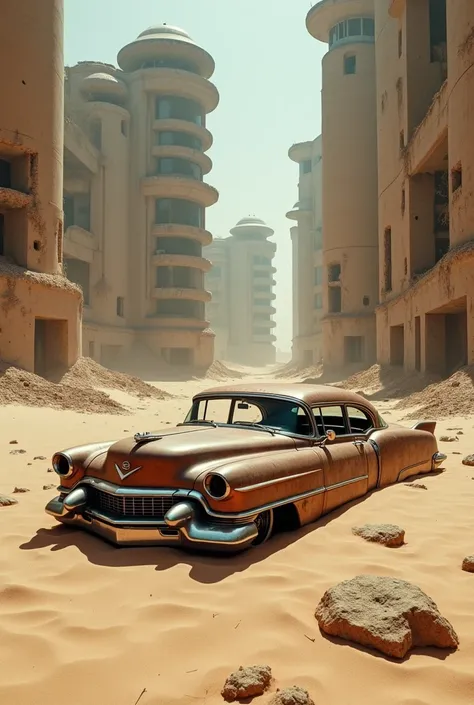 make a body out of a rusty one, grimy, Abandoned 1955 Cadillac Eldorado with no windows being swallowed by the sands of the Sahara desert inside an ultra modern post apocalyptic city with very tall futuristic round crumbling concrete buildings all around 