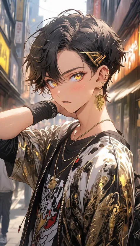 boy，Shiny Earrings，Gold glowing tattoo, Black short hair, Golden Eyes, Urban style，student