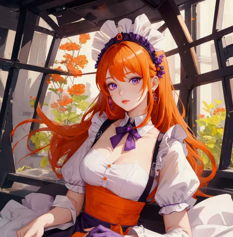 masterpiece, , 1 Girl, Purple Eyes, Orange Hair,maid headdress, maid,