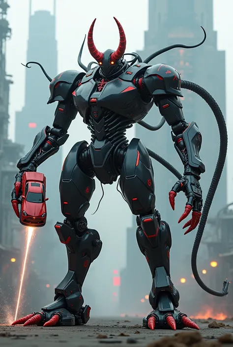 Generates the image of a black robot with red details with long tentacles and one of them holding a car, its arms extended forward recharging a beam of energy coming out of its back at the tips scorpion pincers with four red eyes in a futuristic city with ...