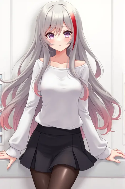 ANIME WOMAN, long grey and red hair, She has a white top with a black skirt with long stockings.