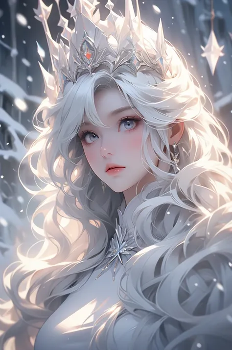 ice castle, snow queen, white eyes, long white hair, naked, white skin, white lips