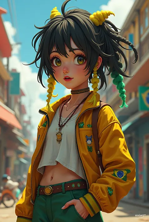 Brazilian anime character, dark haired and with yellow and green dreadlocks