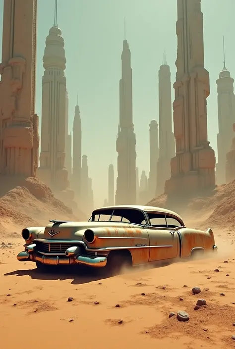 make a body out of a rusty one, grimy, Abandoned 1955 Cadillac Eldorado with no windows being swallowed by the sands of the Sahara Desert inside an ultra modern futuristic post apocalyptic city with tall concrete buildings destroyed in ruins very tall futu...